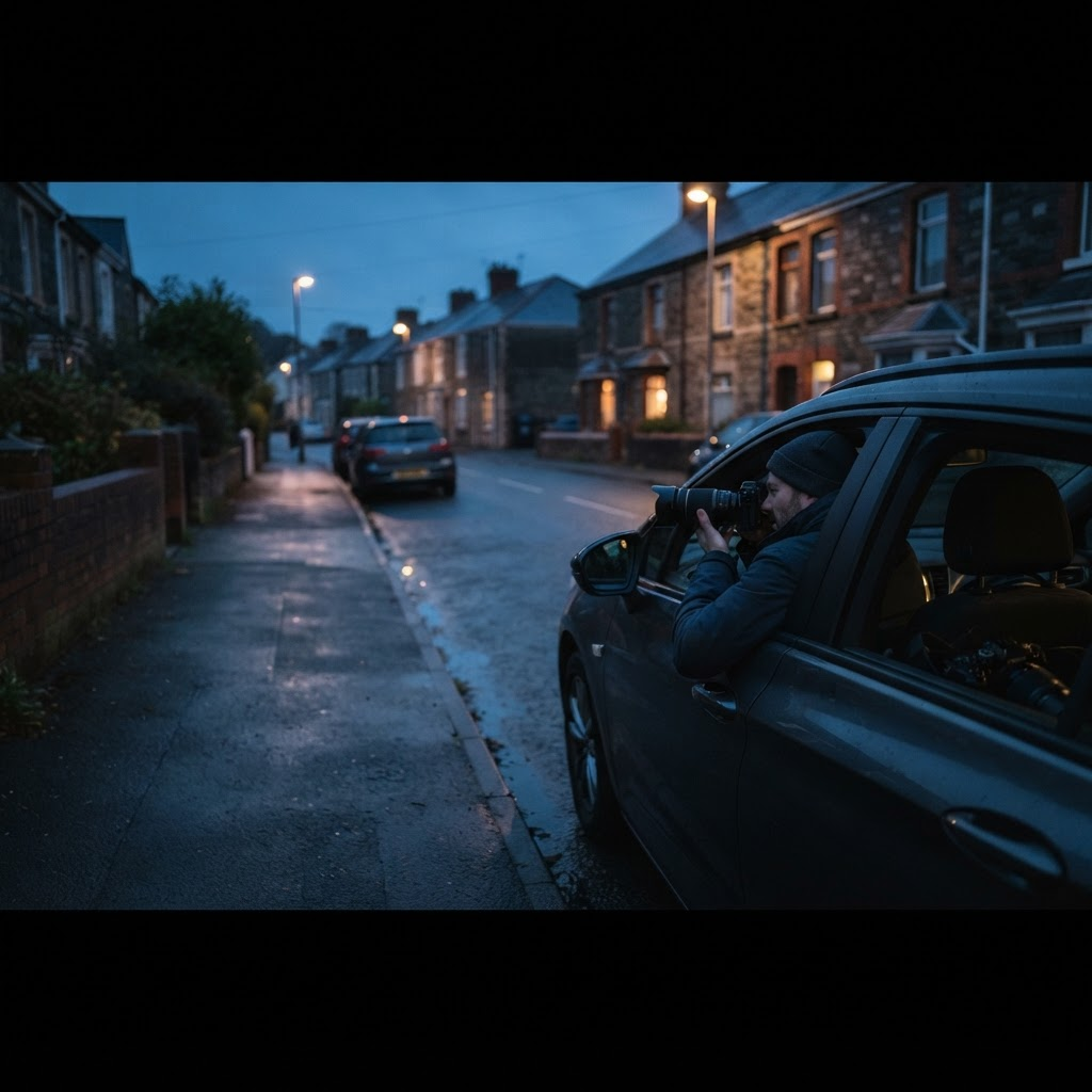 Discreet investigator vehicle on a quiet South Wales street at dusk