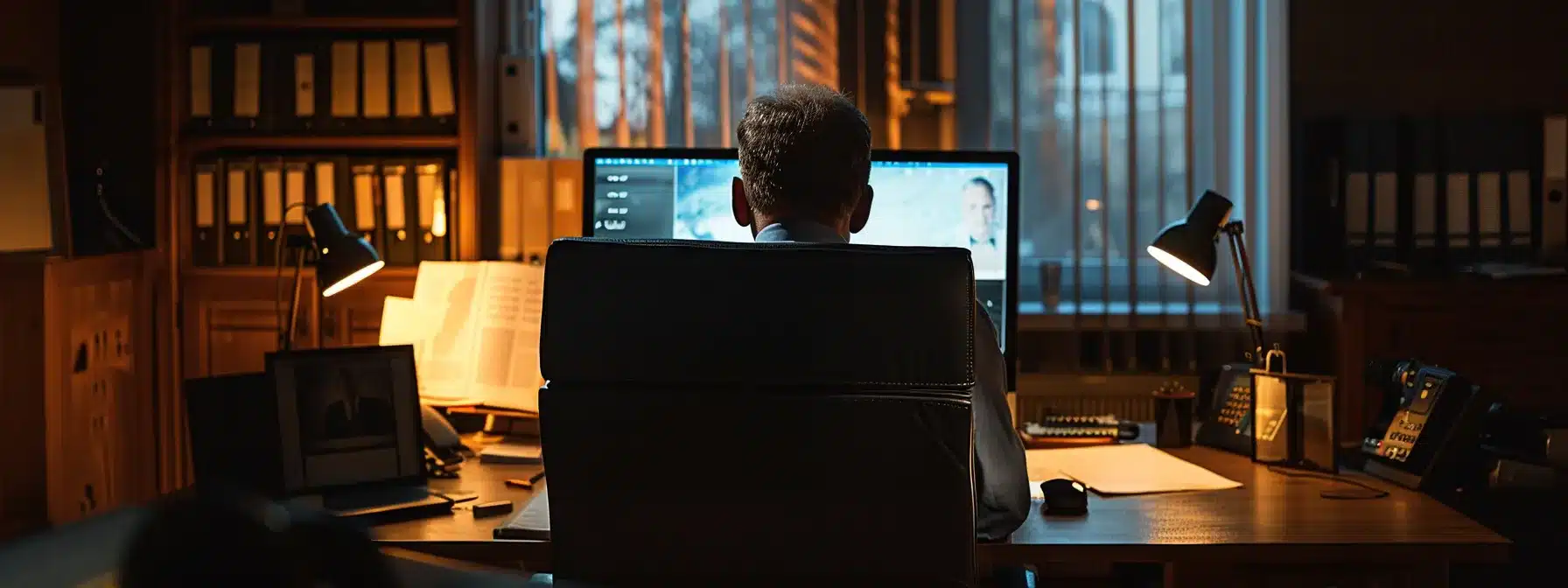 a private investigator seated at a desk, surrounded by legal documents and a computer screen displaying a blurred image of a client, exemplifying the importance of legal and ethical considerations in honey trap services.