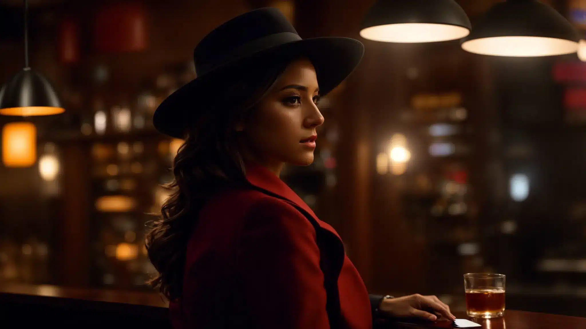 a woman in disguise seductively approaching a target in a dimly lit bar, capturing the essence of a private investigator's honey trap operation.