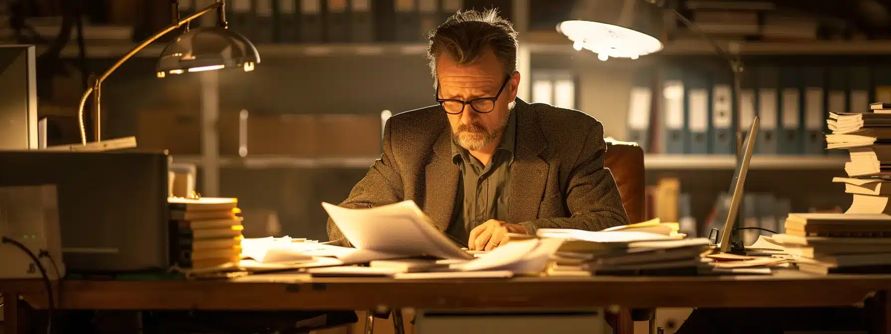 a private investigator sitting at a desk, surrounded by files and a computer, looking focused and determined while reviewing evidence.