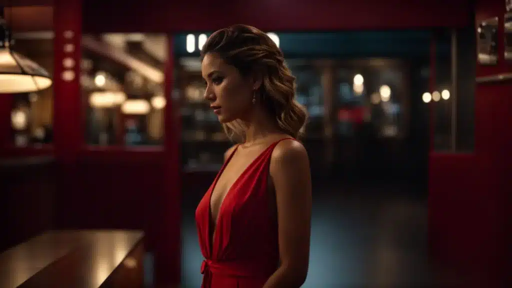 a mysterious woman in a red dress whispers seductively to a target in a dimly lit restaurant.