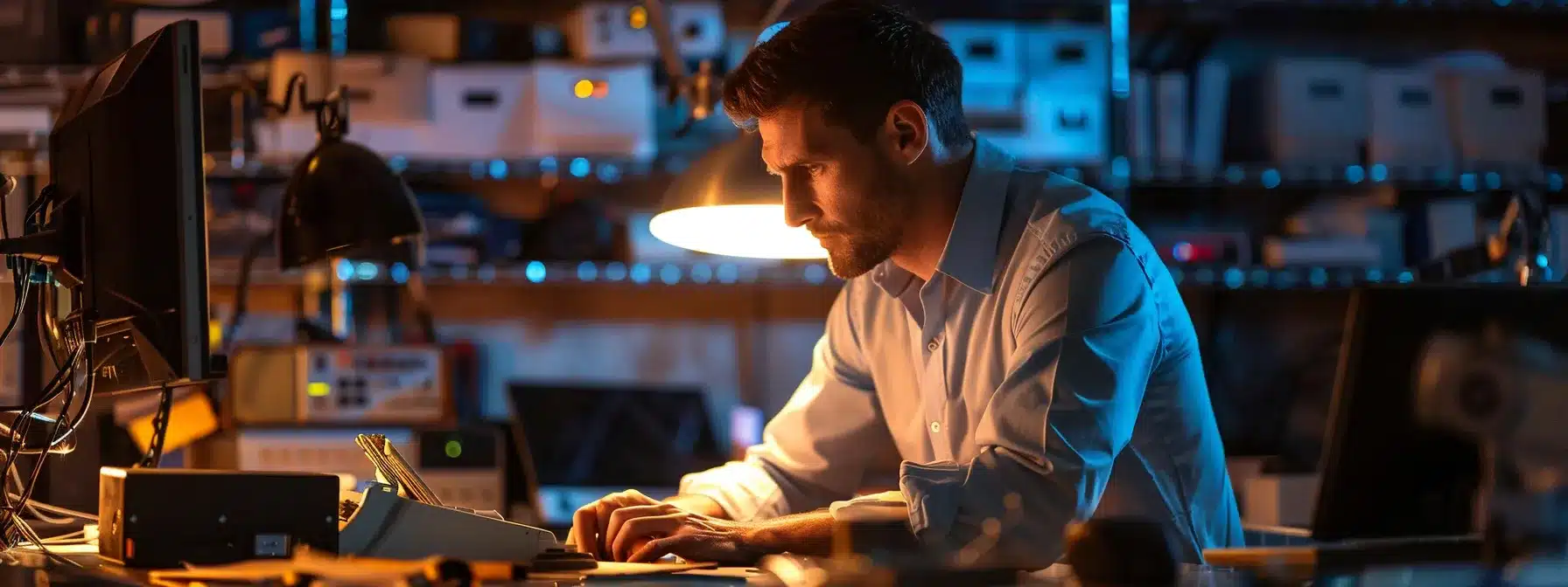 a detective carefully arranging surveillance equipment in a dimly lit room, focusing intently on the task at hand.